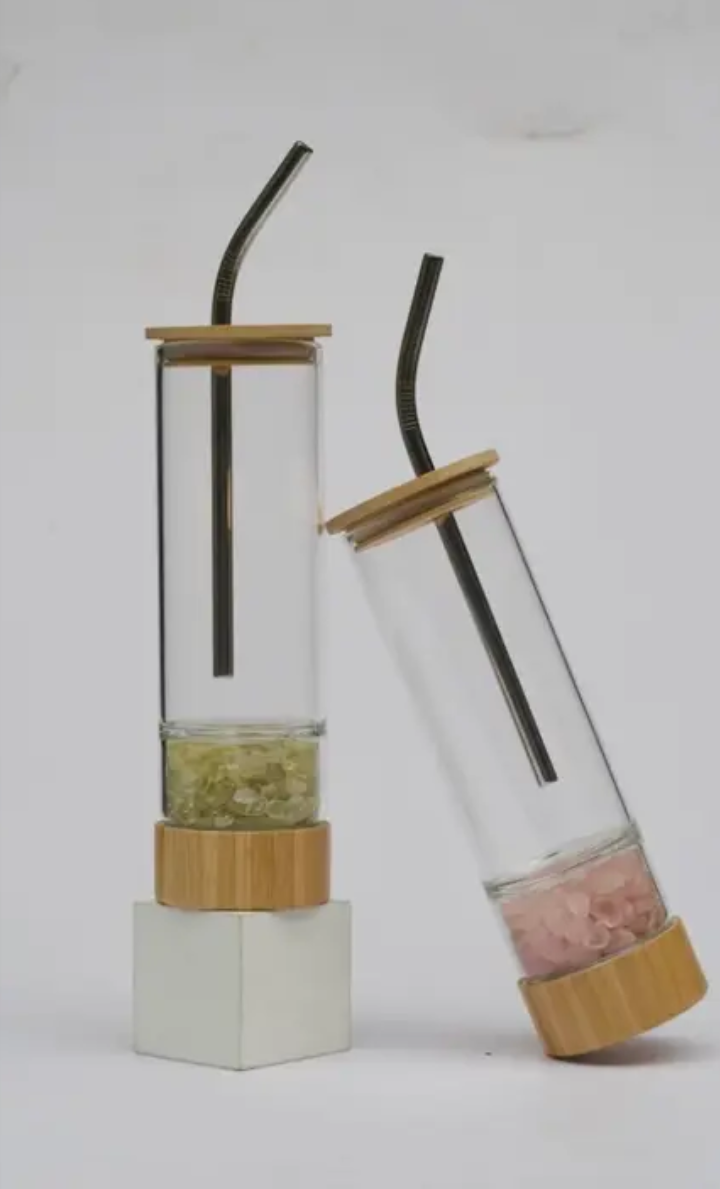 Glass Bottles infused with Crystals & glass/metal straw